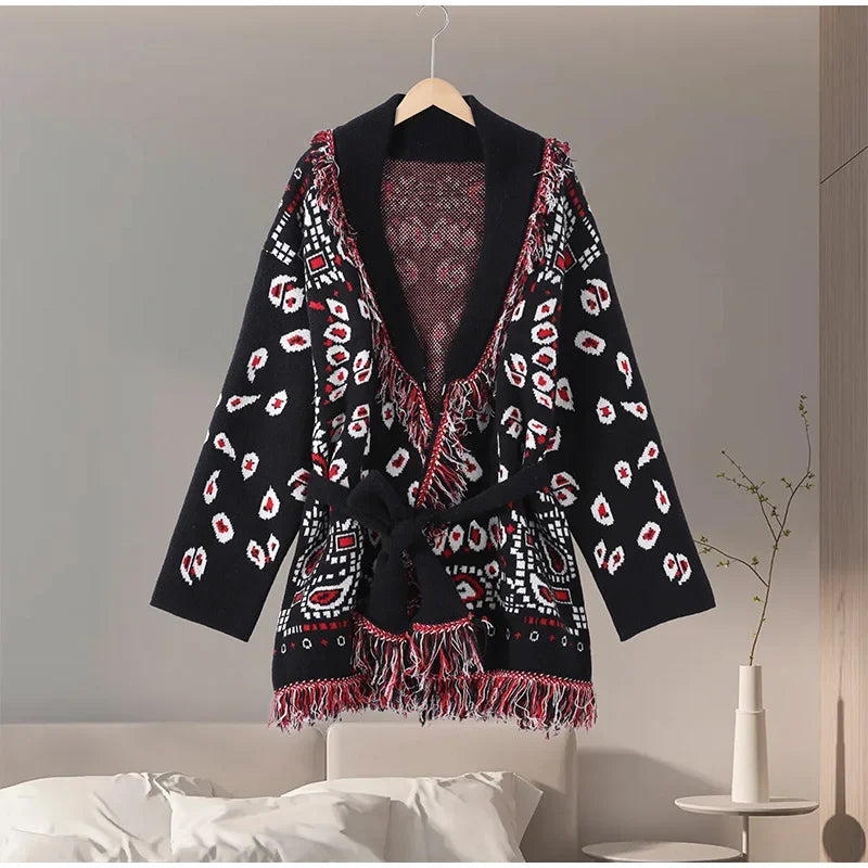 2026 Spring Tassel Knitted Jacquard Women's Cardigans Loose Patchwork V-neck Long Sleeve Thick Warm Sweater Lady New Knitwear