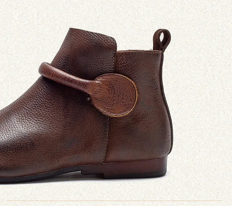 Retro Women Short Ankle Boots 2024 Autumn Winter Faux Cow Leather Slip-on Shoes Handmade Round Toe Light Weight Flat Booties