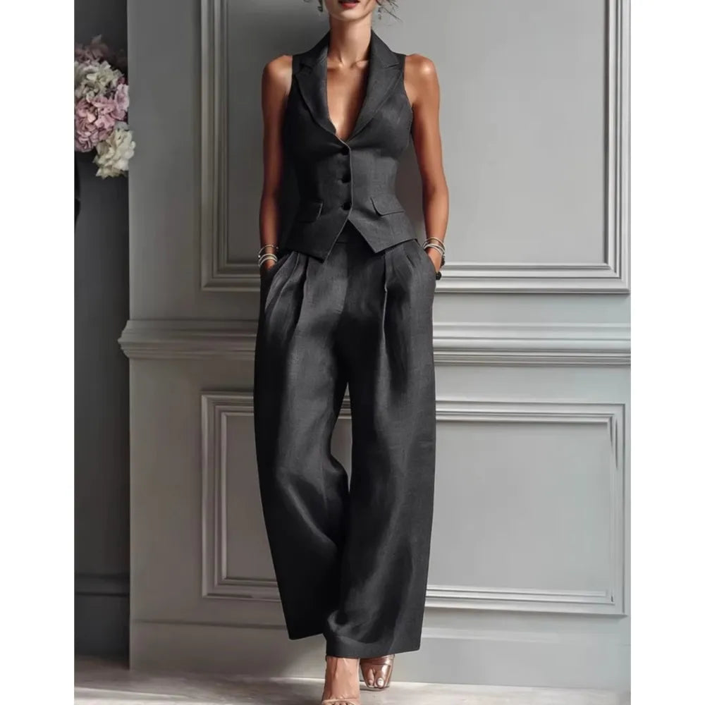 Summer New Fashion Single-breasted Sleeveless Top + Trousers 2-piece Set Women's 2026 Slim Vest Suit Collar Trousers Office Suit