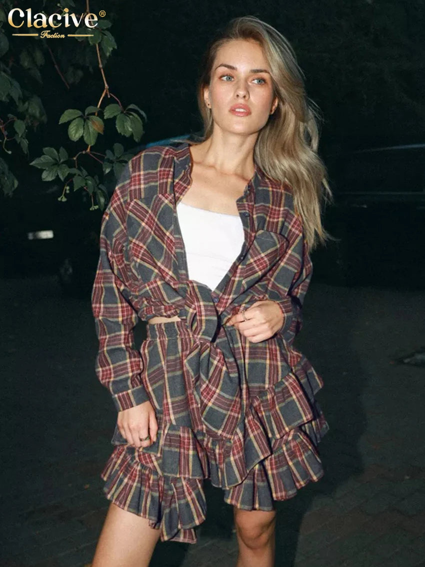 Clacive Fashion Loose Plaid 2 Piece Sets Women Outfit 2025 Elegant Long Sleeve Blouse With High Waist Pleated Mini Skirt Set