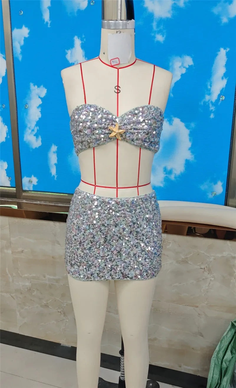 Women Sequin Two Piece Outfit Halter Crop Top And Split Mini Skirt Club Wear