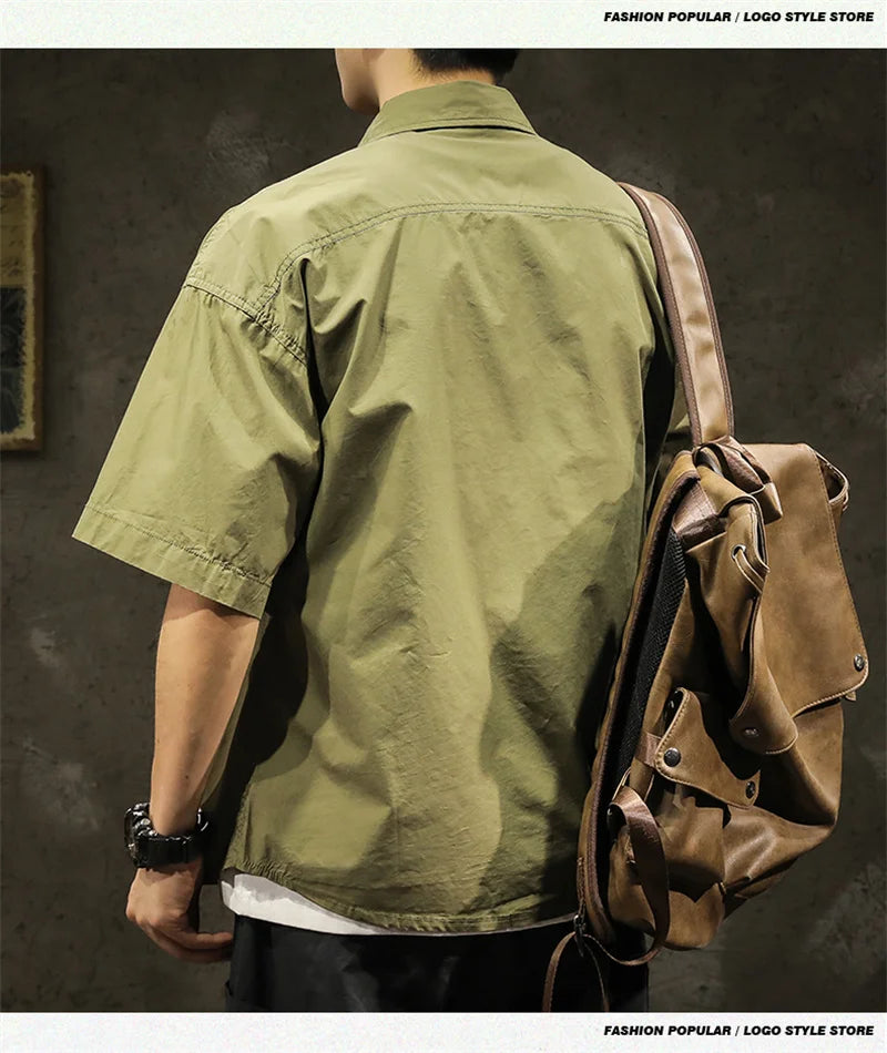 American Casual Short Sleeve Shirt For Men Summer Fashion Comfortable T-shirt 2026 New High Street Plain Lapel blouses hombre