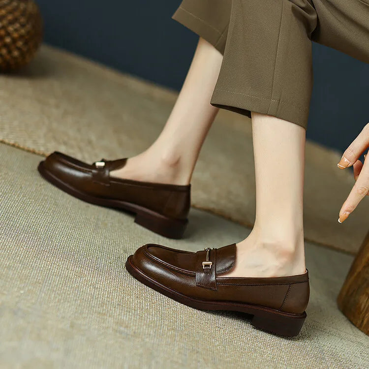 Ochanmeb Natural Leather Loafers Flat Shoes Women Brand Metal Chain Round Toe Slip-ons Flats Ladies Casual Creepers Moccasins 40