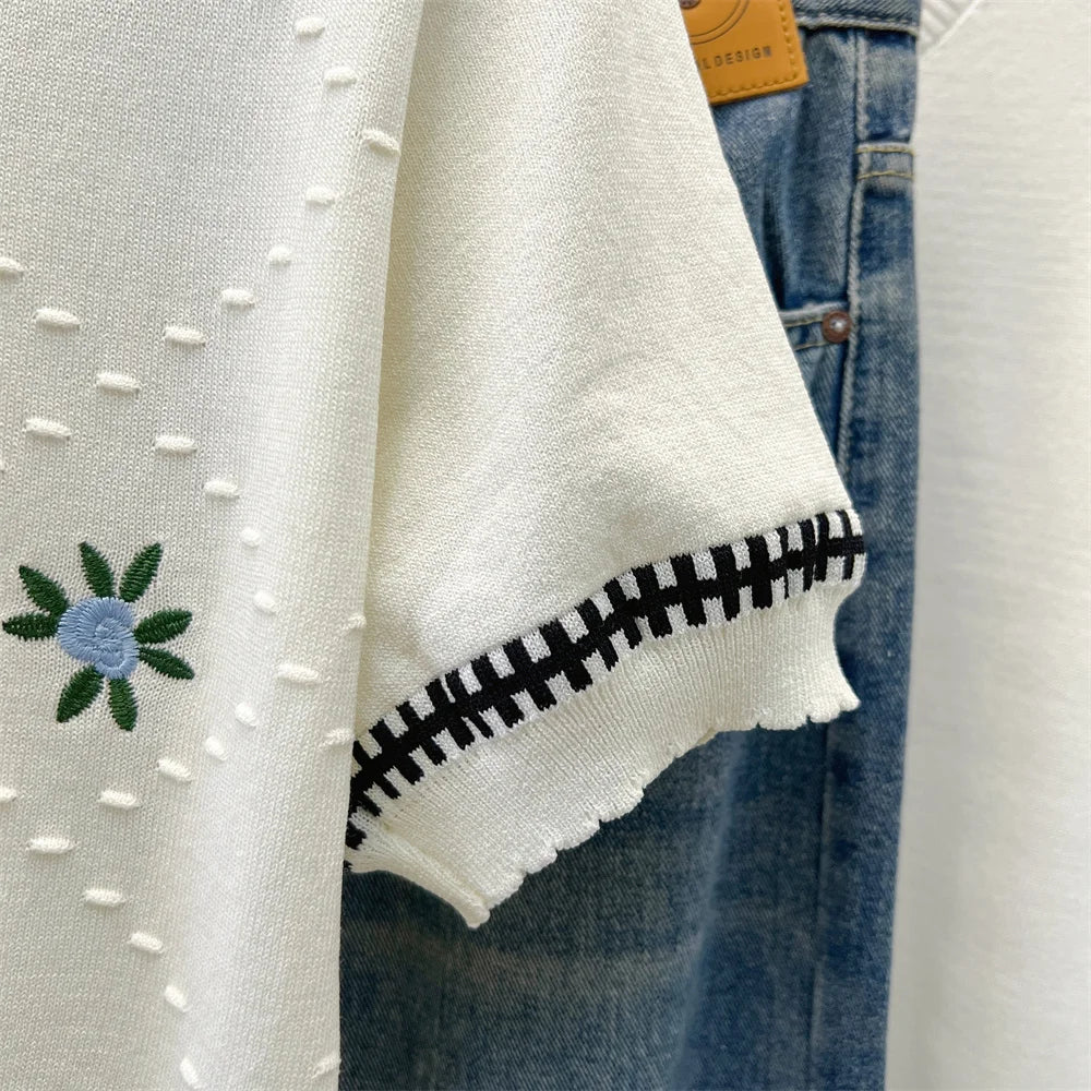 2024 Summer Stylish Sweater For Women Knit Pullover T-shirts Short Sleeve Color-blocked Fashion Elegant Ladies Knitwear Tops