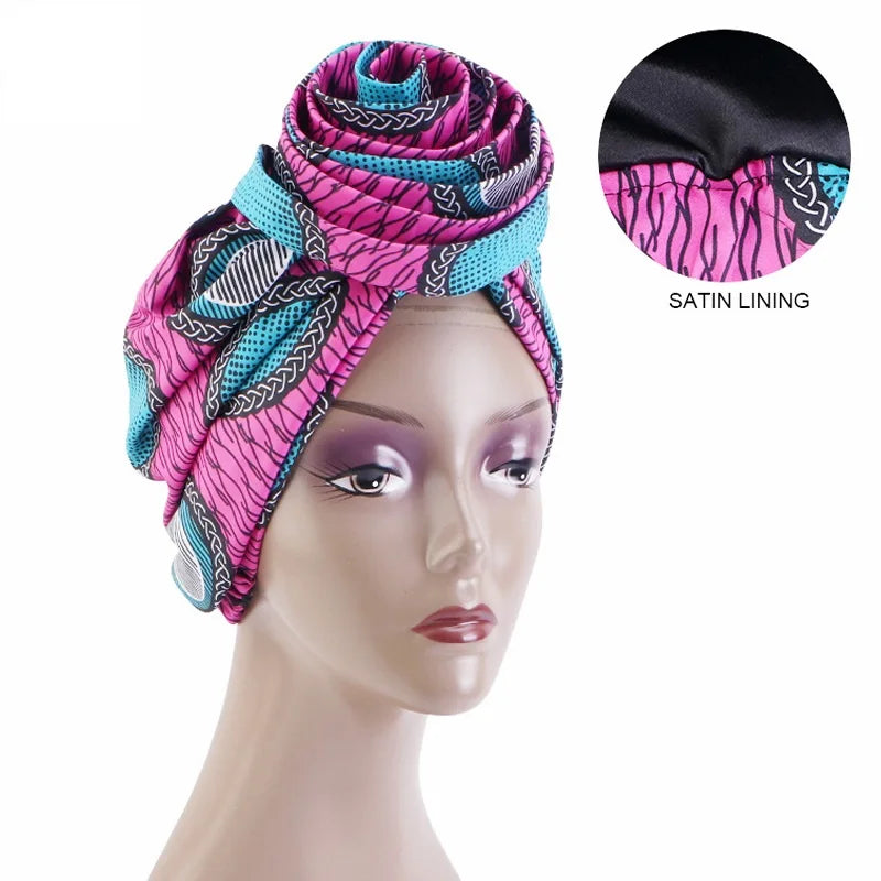 African Print Stretch Bandana Head Wrap Long Scarf Satin Floral Ankara Dashiki Women Party Turban Headwear Cap Hair Accessories