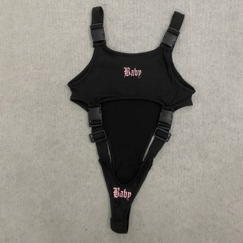 Sexy American Vintage Bodysuit Women Punk High Street Sleeveless Bodysuits Y2k Gothic Bodycon Tops Casual Jumpsuit Club Party