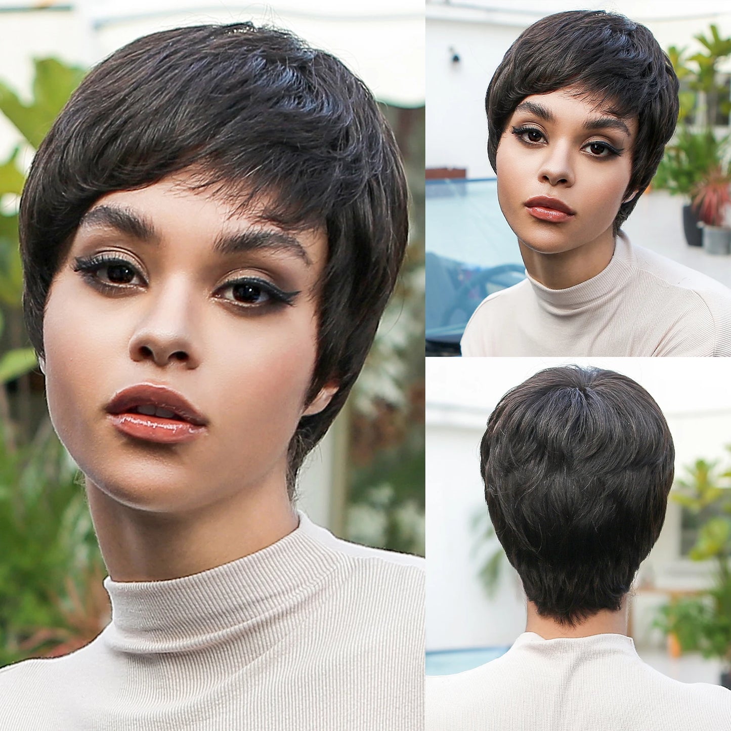Blonde Human Hair Wigs Dark Root Short Pixie Cut Bob Wigs Machine Made Remy Human Hair Wig for White Women Daily Heat Resistant