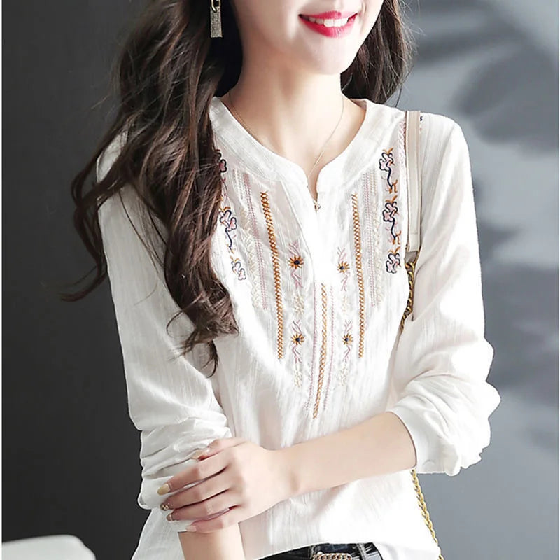 Women Spring Autumn White Blouses Tops Lady Casual Embroidery V-Neck Long Sleeve Vintage Loose Blusas Top DF4272