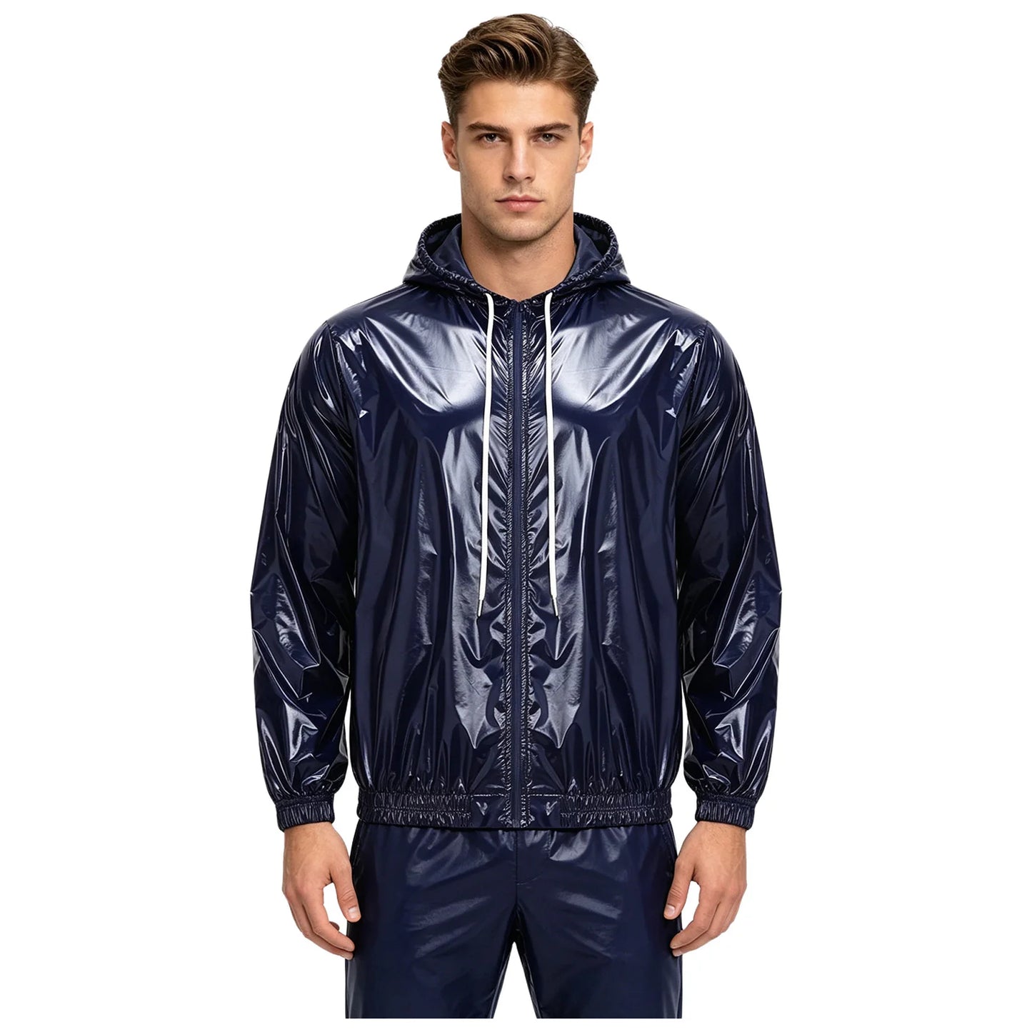 Men Shiny Glossy Hooded Jacket Windbreaker Raincoat for Hiking Fishing Biking Long Sleeve Front Zip-up Drawstring Hood Outerwear