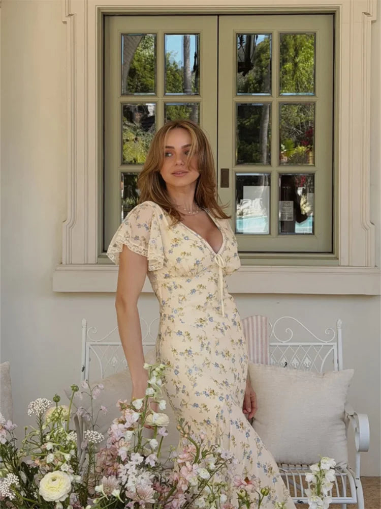 Vintage Print High Neck Midi Dress Belted Waist Bell Sleeve Flared Hem 2026 Summer Spring Chic Women Elegant Wedding Guest Gown