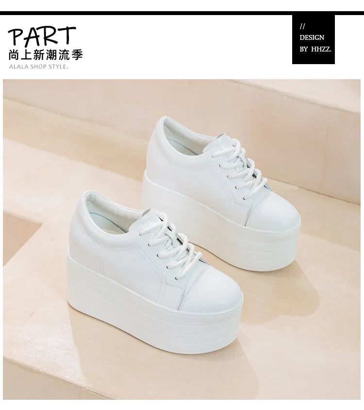 Fujin 12cm Genuine Leather Synthetic Women Autumn Spring Platform Wedge Women Fashion Sneakers Chunky Shoes Vulcanize Skateboard