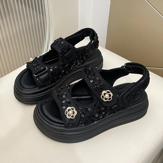 Women's Platform Sandals Handmade Leather Rubber Bottom Flat Sandals Metal Decorative Element Summer Casual Ladies Outdoor Shoes