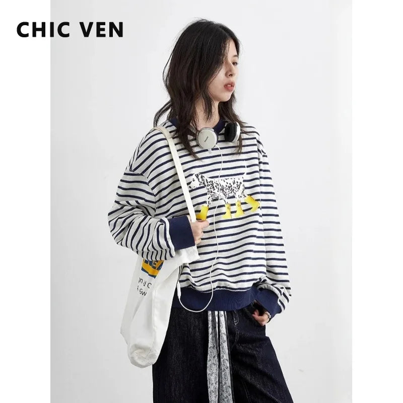CHIC VEN New Women T-Shirts Loose Casual Round Neck Striped Dog Print Long Sleeved Female Tees Pullover Autumn Winter 2025
