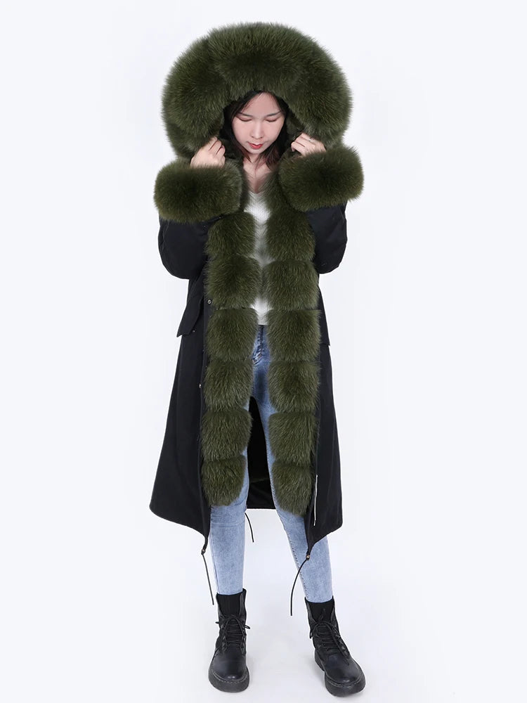 Maomaokong Winter Woman Natural Fur Overcoat Plus Size Black Parkas Raccoon Real Fur Lining Extra Larg Warm Jacket Coats Long