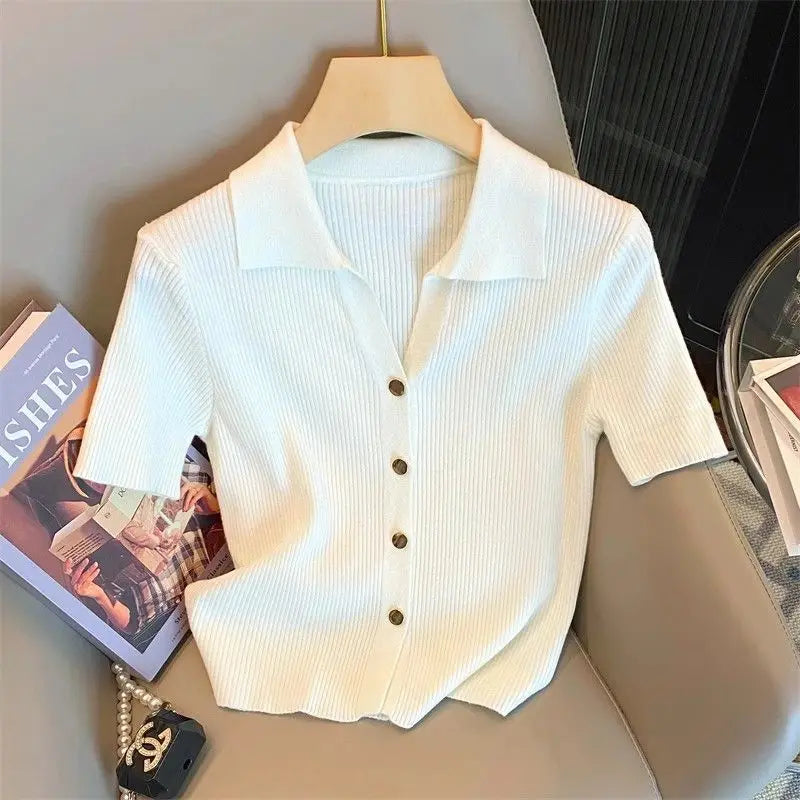 Knitted Polo Shirt  Women's Summer Cardigan Short Sleeve T-Shirt Casual Fashion Short Sleeve Tops Knitwear 2025 Korean Clothing