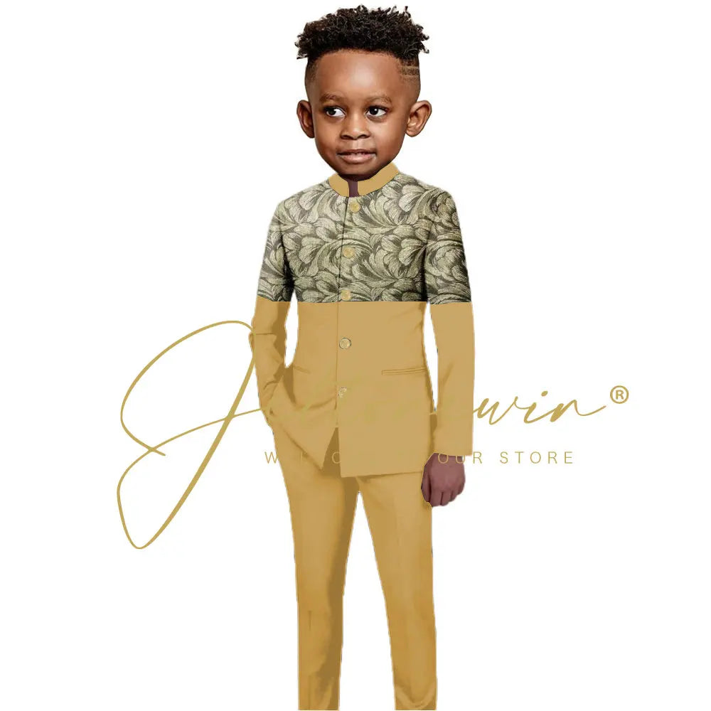 African Style Boys Suit Burgundy Gold Floral Jacket Pants 2 Piece Set Stand Collar Blazer Wedding Tuxedo Kids Formal Party Dress