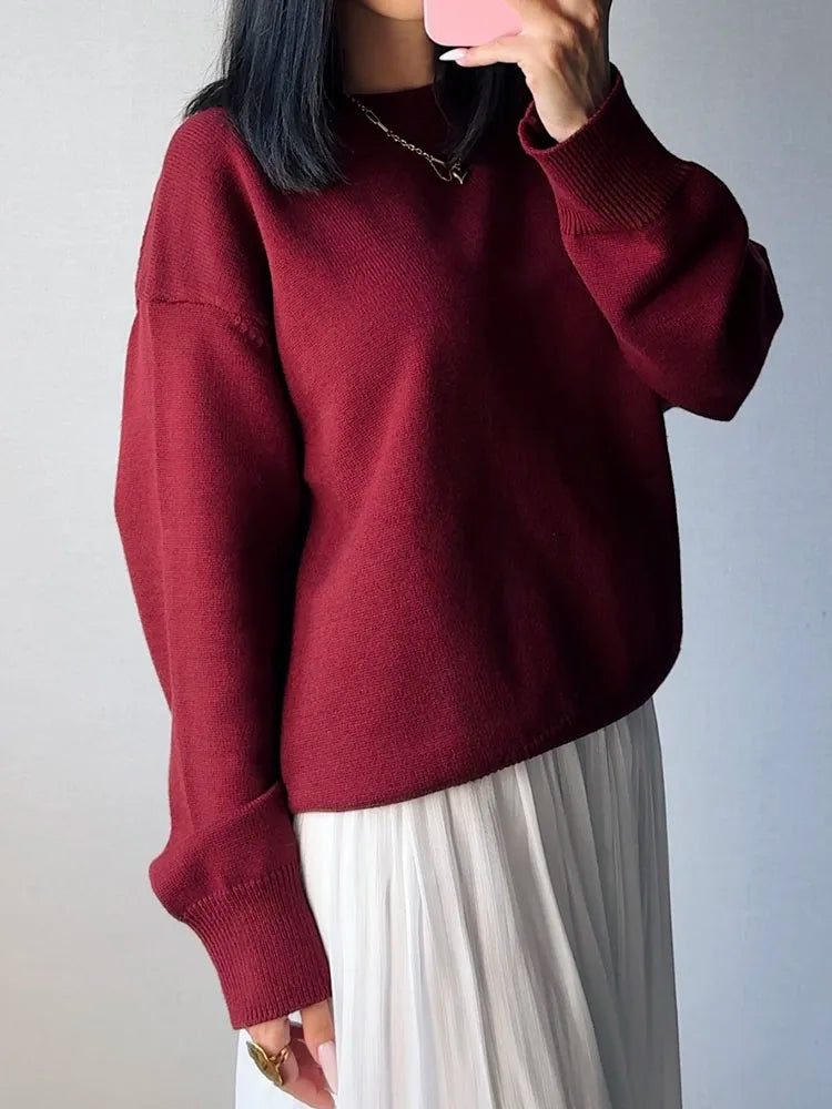 Oversize Burgundy Womens O Neck Knitwear Sweater Warm Winter Pullover