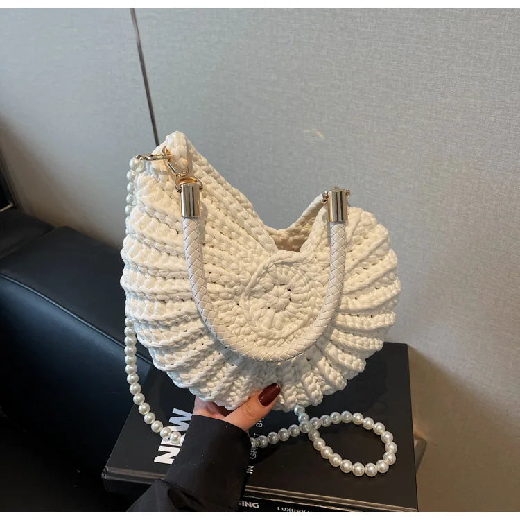 Creative Conch Shaped Crochet Women Shoulde Bags Funny Cute Pearls Chains Handmade Weave Crossbody Bag Novelty Small Handbags
