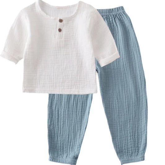 Baby Boys Girls Set Clothes Children Long Sleeves Homewear Muslin Cotton Pajamas Outfit Kids Suit Shirt Tops+Pants 2PC 0-7 Years
