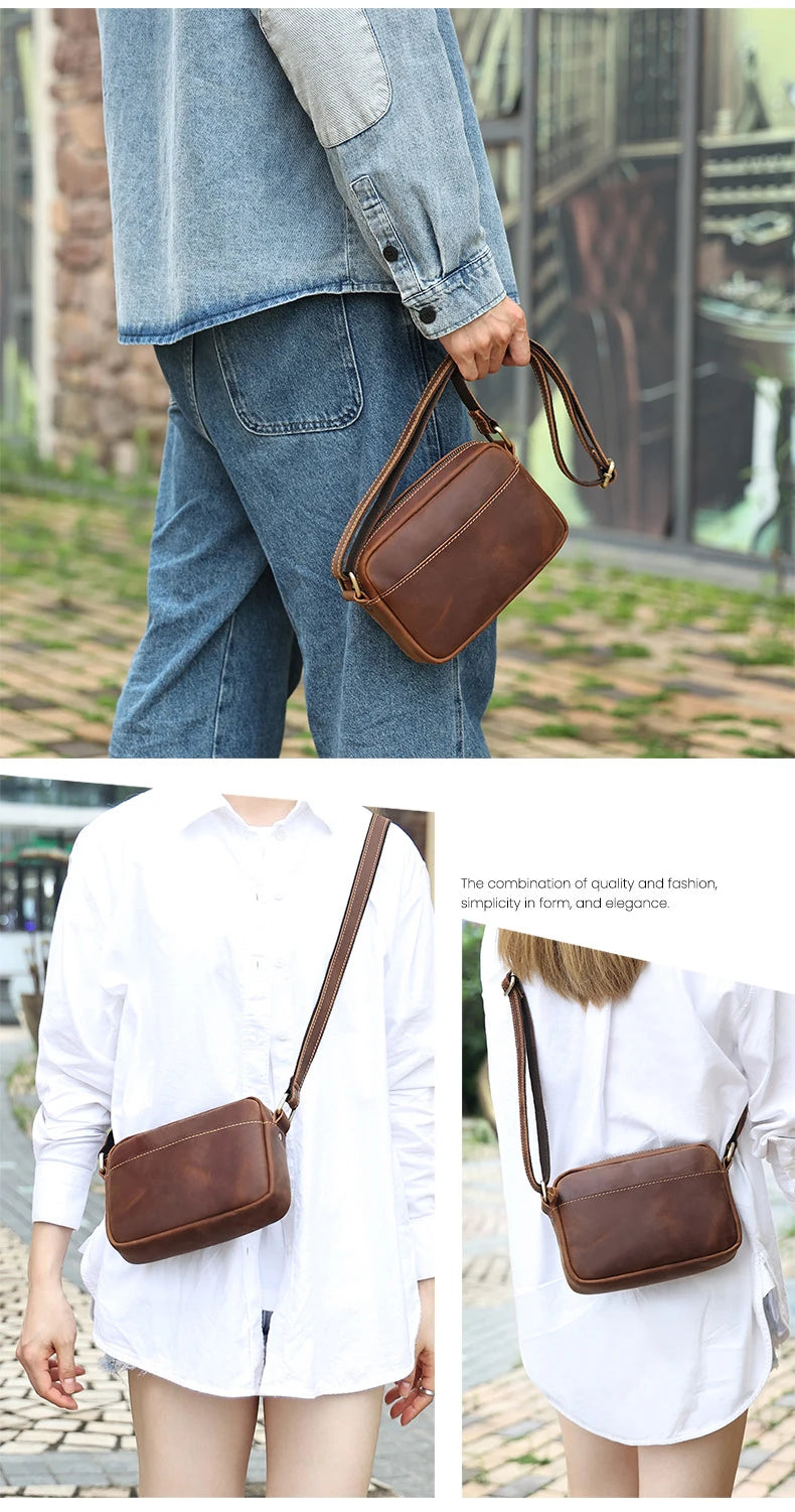 Crazy Horse Leather Messenger Bag Men's Leather Shoulder Bag For Mobile Phone Sling Bags For Men Woman Cross Body Bag