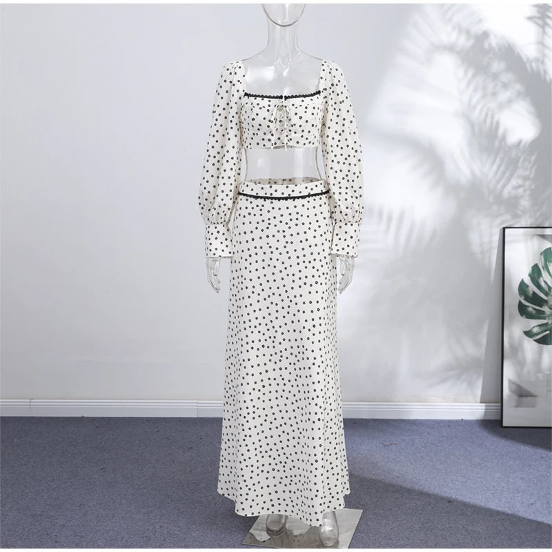 Elegant Female 2 Piece Skirt Set Polka Dots Printed Suit Cropped Short Sleeves Square Neck Top Slit High Waist Skirt Vintage Set