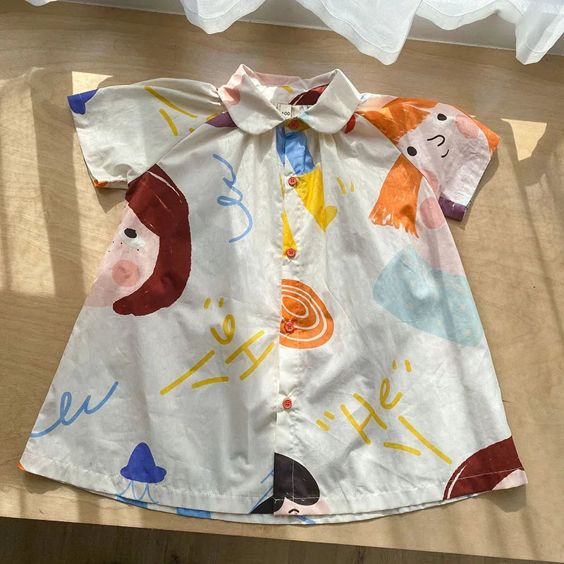 Loose Fit Summer Kids Clothes Set Girls Cute Graffiti Dress Boys Short Sleeved Shirt Children Thin Brother Sisters Outwear Suit