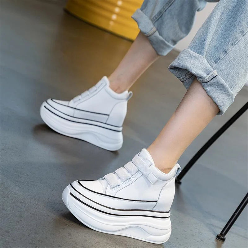 10cm Genuine Leather Platform Wedge Mid Calf Ankle Motorcycle Booties Non Slip Hidden Heel New Women Slip-On Autumn Spring Shoes