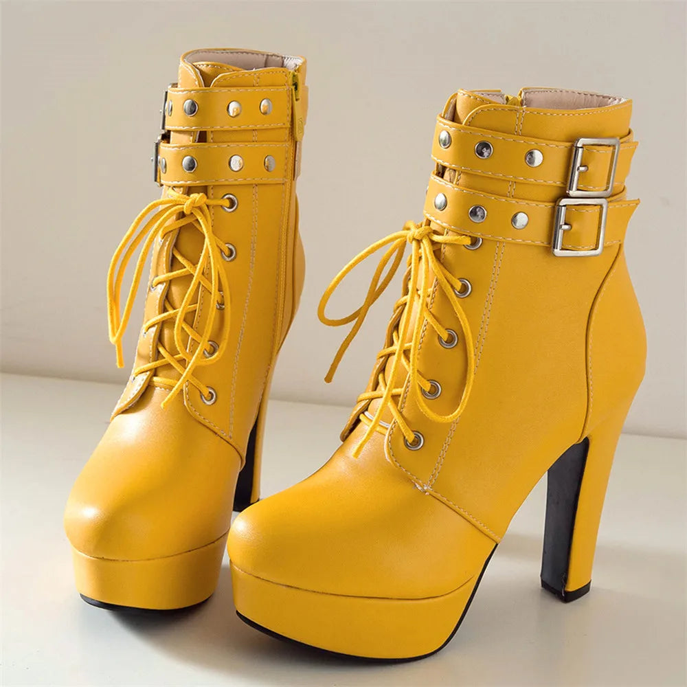 Women Ankle Boots Platform Lace-Up High Heels Short Boot Female Buckle Autumn Winter Red Yellow White Sexy Shoes Large Size34-46