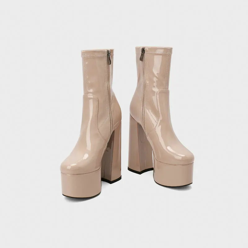 New Lacquer Leather Autumn and Winter Short Boots Women's Thick High Heels Sexy Short Tube Large Fashion Short Boots