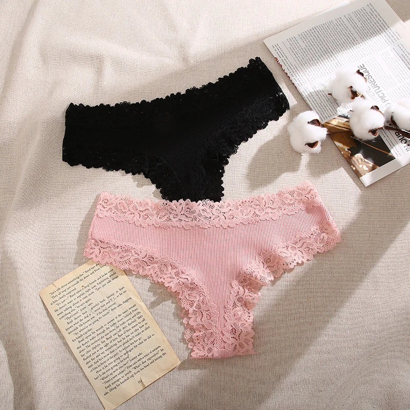 Lace Seamless Brazilian Panties Ribbed Cotton Low Waist Women's Panties Breathable Girls Underwear Plus Size Lingerie S-XL