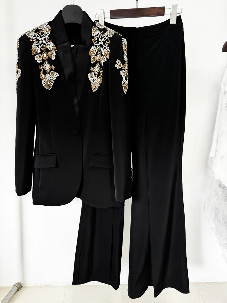 HIGH STREET Newest 2026 Designer Suit Women Beaded Diamonds Stand Collar Single Button Blazer Wide-leg Pants Set 2PCS