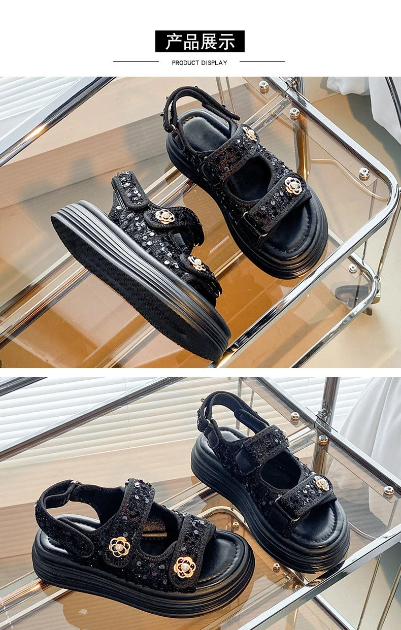 Women's Platform Sandals Handmade Leather Rubber Bottom Flat Sandals Metal Decorative Element Summer Casual Ladies Outdoor Shoes