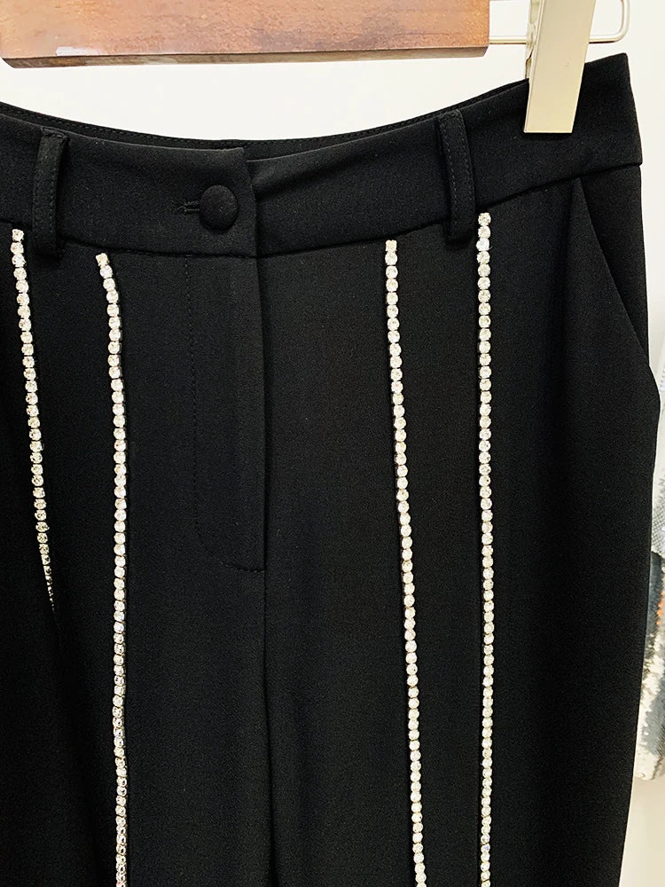 HIGH STREET Newest Fashion 2026 Designer Suit Set Women's Single Button Hollow Out Diamonds Beaded Blazer Flare Pants Set