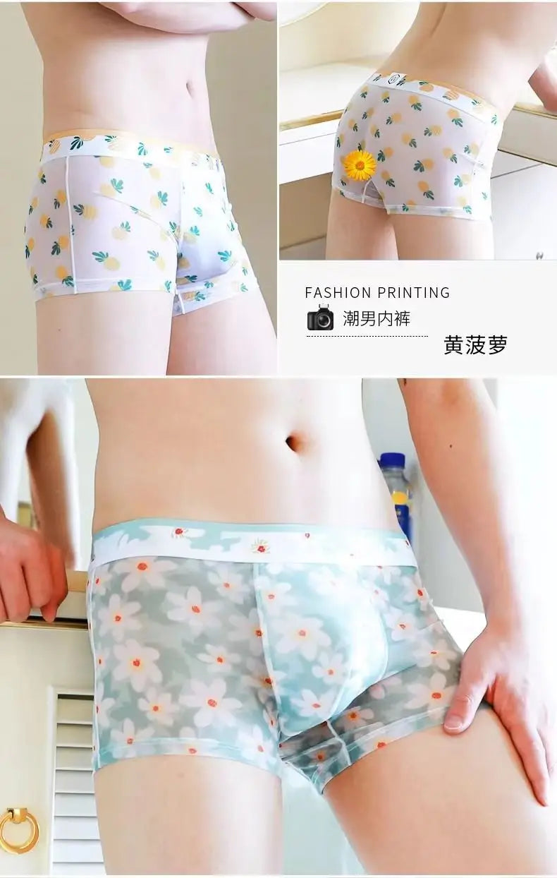 1pcs Sexy Mesh Boxer Men Underwear See Through Transparent Shorts Male Print Panties Plus Size Underpants U Convex Lingerie 6XL