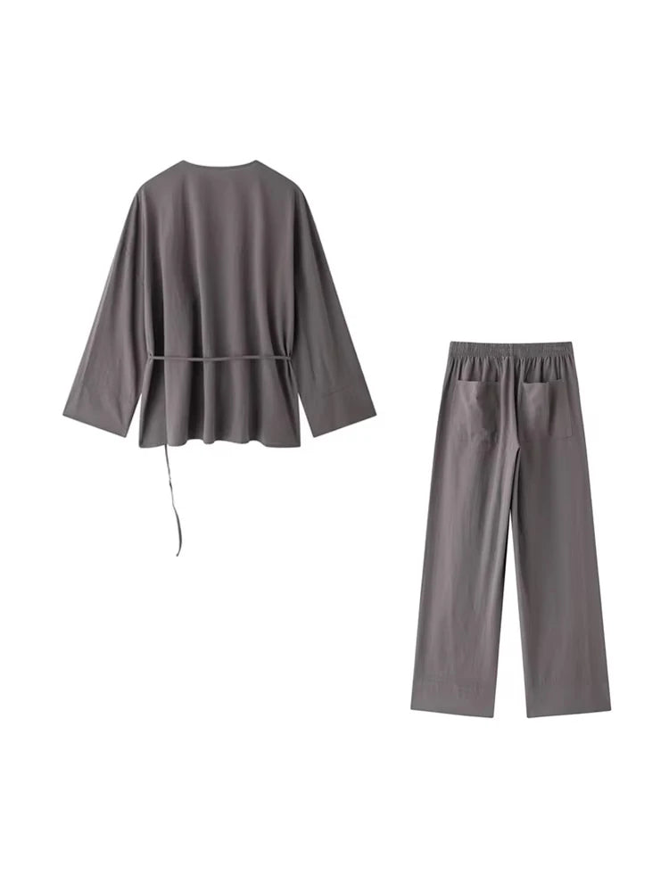 Women Fashion With Tied Loose Kimono Blouses And High Elastic Waist Side Pockets Pants Female Two Piece Sets Mujer BAZAARHUBO