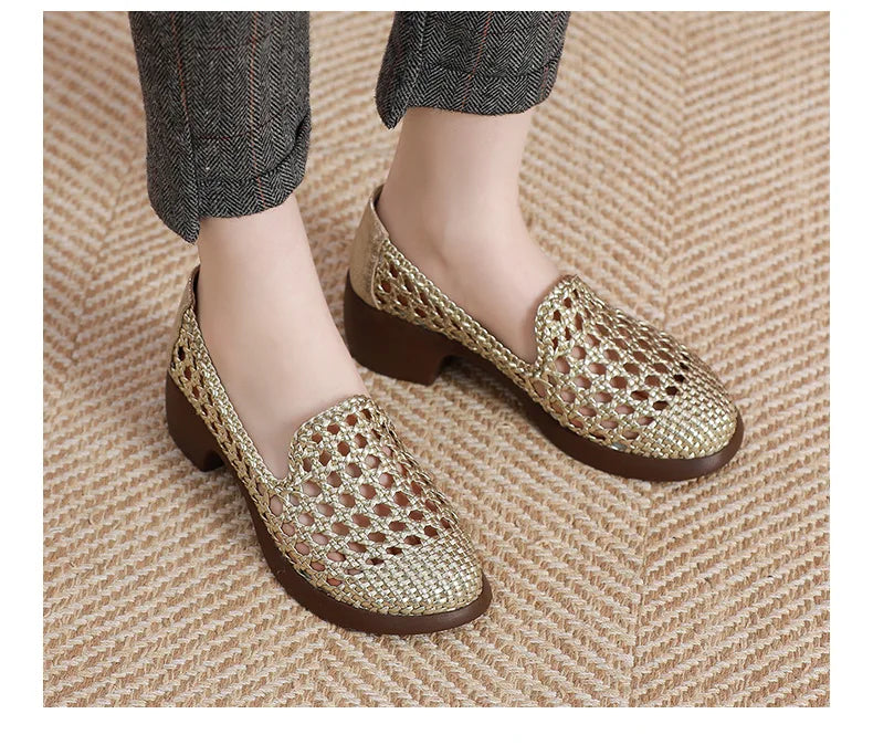 Summer Hollow Woven Breathable Shoes Women Sandals Big Size Thick Heels Genuine Leather Shoes Summer Casual Sandals
