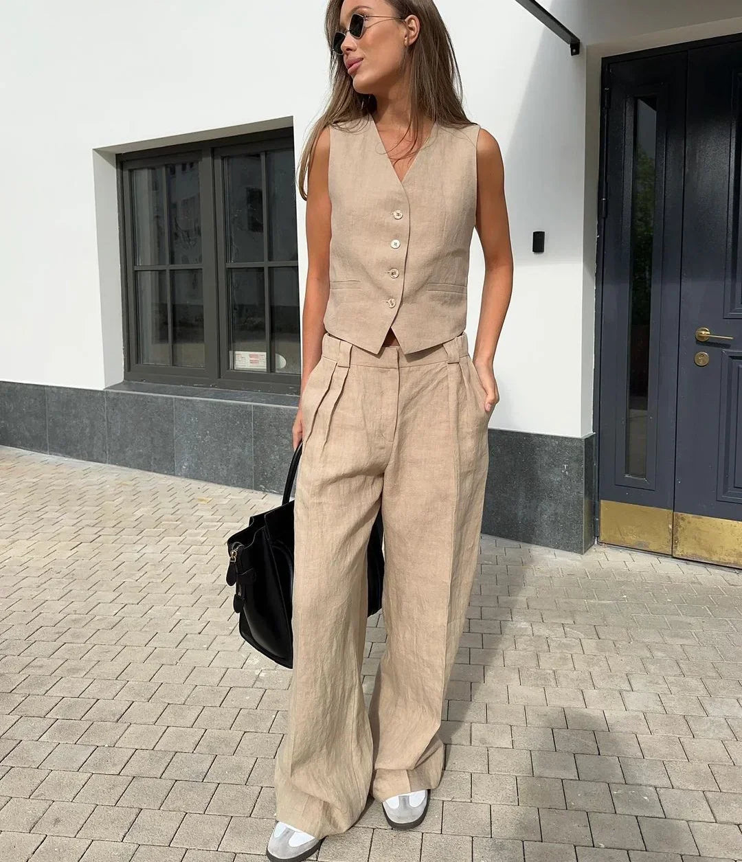 Sleeveless Vest Jacket Top Casual Pants Two-piece Set For Women's Wide Leg Pant Sets Sexy Summer Boho Cotton Linen Ladies Suits