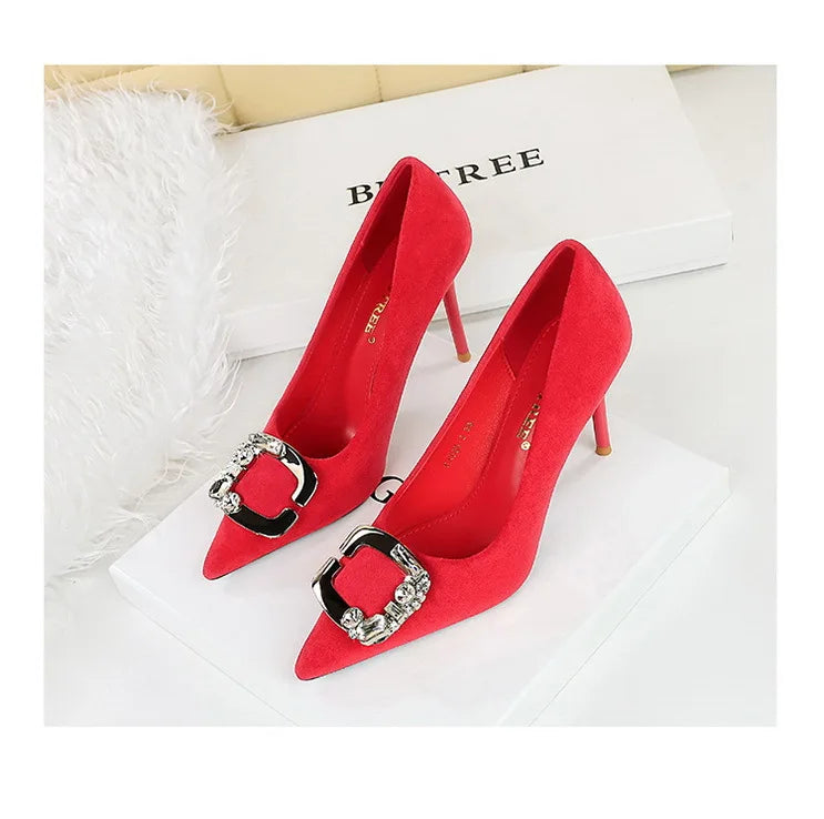 BIGTREE Shoes Metal Rhinestone Belt Buckle Women Pumps Suede High Heels Luxury Banquet Shoes Sexy Party Shoes Women Stilettos