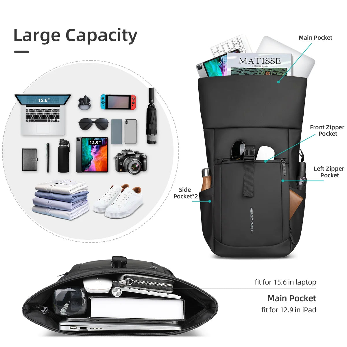 Heroic Knight Rolltop Laptop Backpack Expandable Water-Resistant Compartment Work Men's Stylish Backpack Casual Travel Backpack