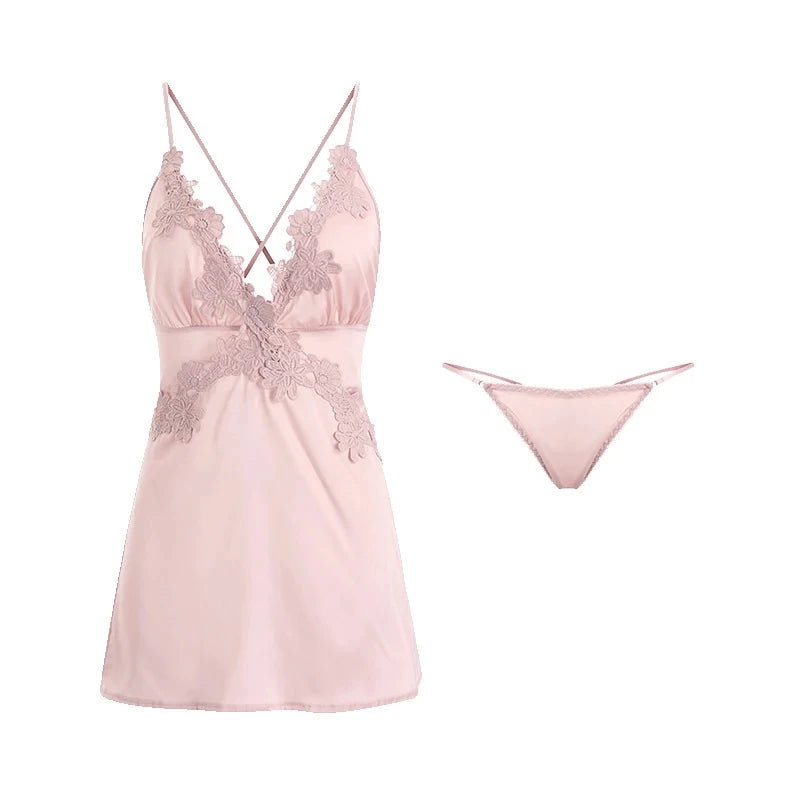 Night Sleep Dress Women Underwear Lingerie Sling Lace Embroidery V-Neck Sexy Nightdress Silk Nightgown Cross Strap Halter Dress