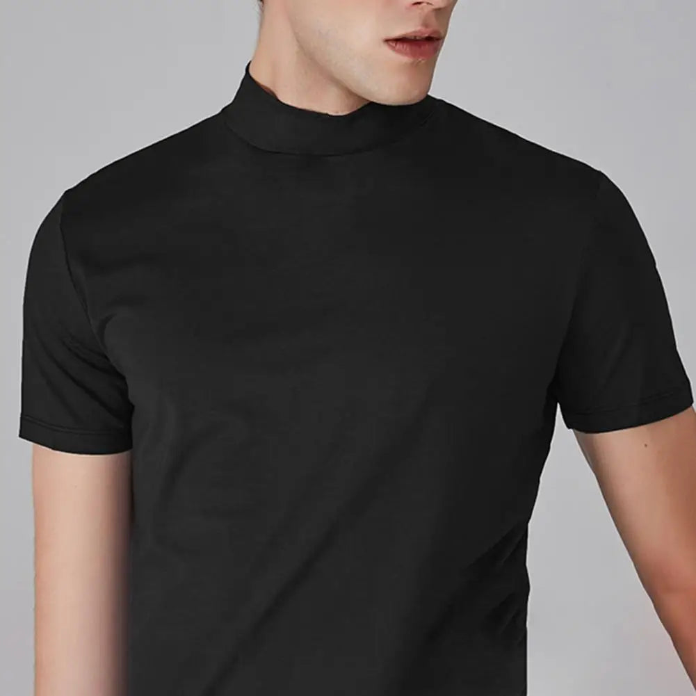 Summer Casual Short Sleeve T-shirt For Men Half High Collar Slim Fit T-shirt Solid Color Elastic Thin Pullover Tee Shirt