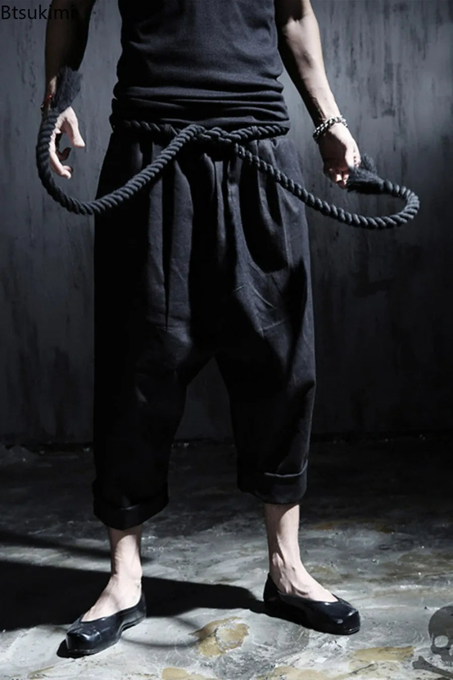 Men's Summer Black Linen Harem Pants Nightclub Stage Baggy Trousers With Rope Belt Mens Gothic Punk Hip Hop Joggers Street Wear
