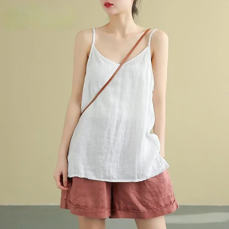 Women's Summer Top Cotton Linen Spaghetti Strap Top Women Halter V Neck Basic Yellow Sleeveless Tank Tops Loose Casual Camis