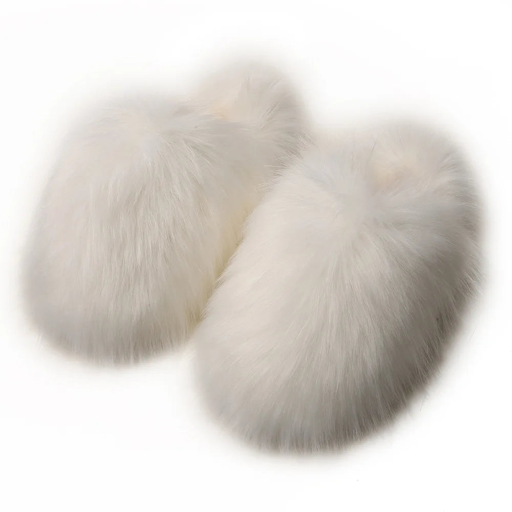 Ladies Winter High Quality Fox Fur Slippers Women Warm Fur Slides Girls Luxury Furry Slippers Soft Comfortable Home Cotton Shoes
