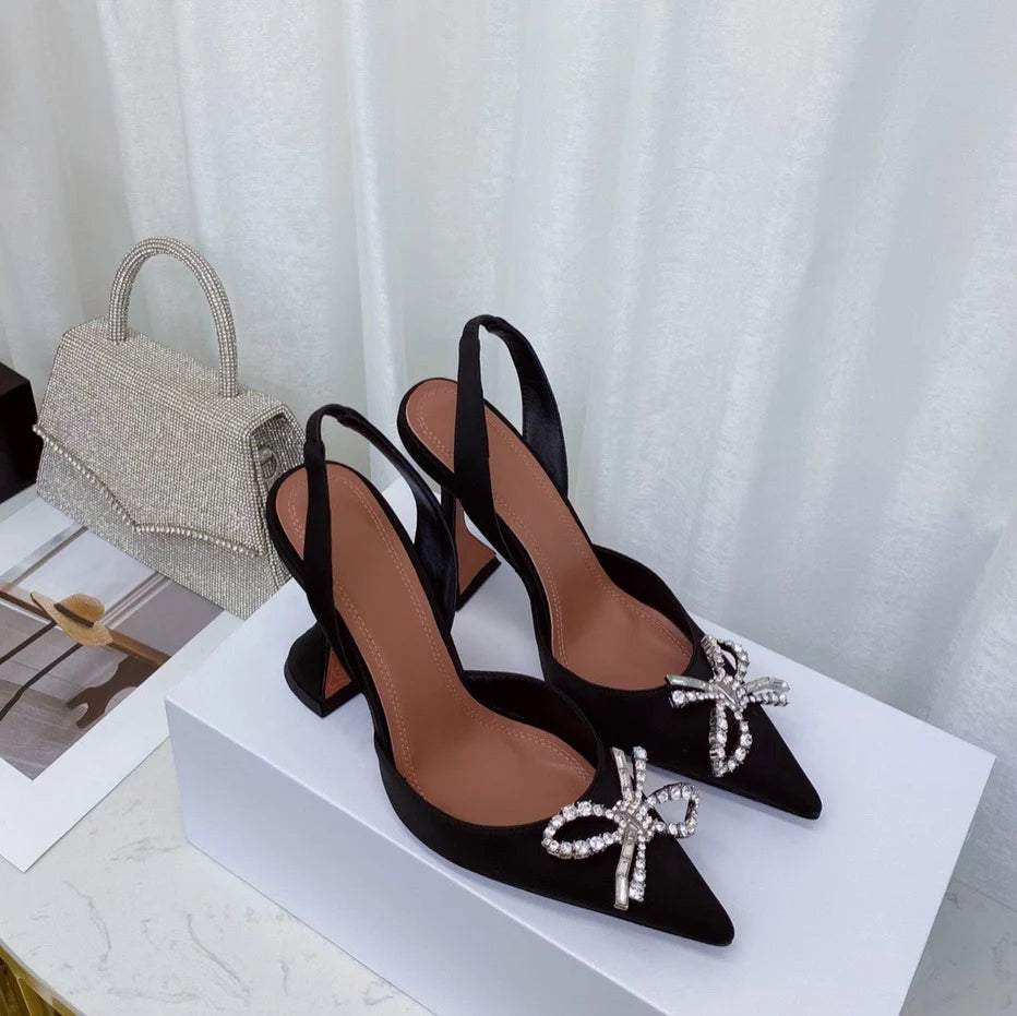 2023 New High Heels Women's Rhinestone Bow Pointy Glasses with Stilettos and Sandals Women.