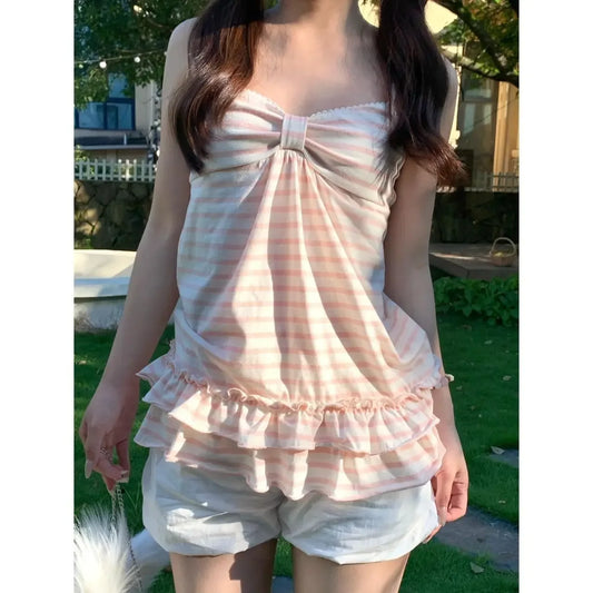 Kawaii T-shirts Ropa Mujer Tank Top Japanese Sweet Vest Women Vintage Striped Sleeveless Tees Fashion Summer Camis Ruffles Slim