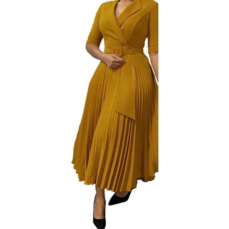 New Dashiki African Dresses for Women Spring Autumn Elegant Half Sleeve V-neck Pleated OL Style Midi Dress African Clothes Femme