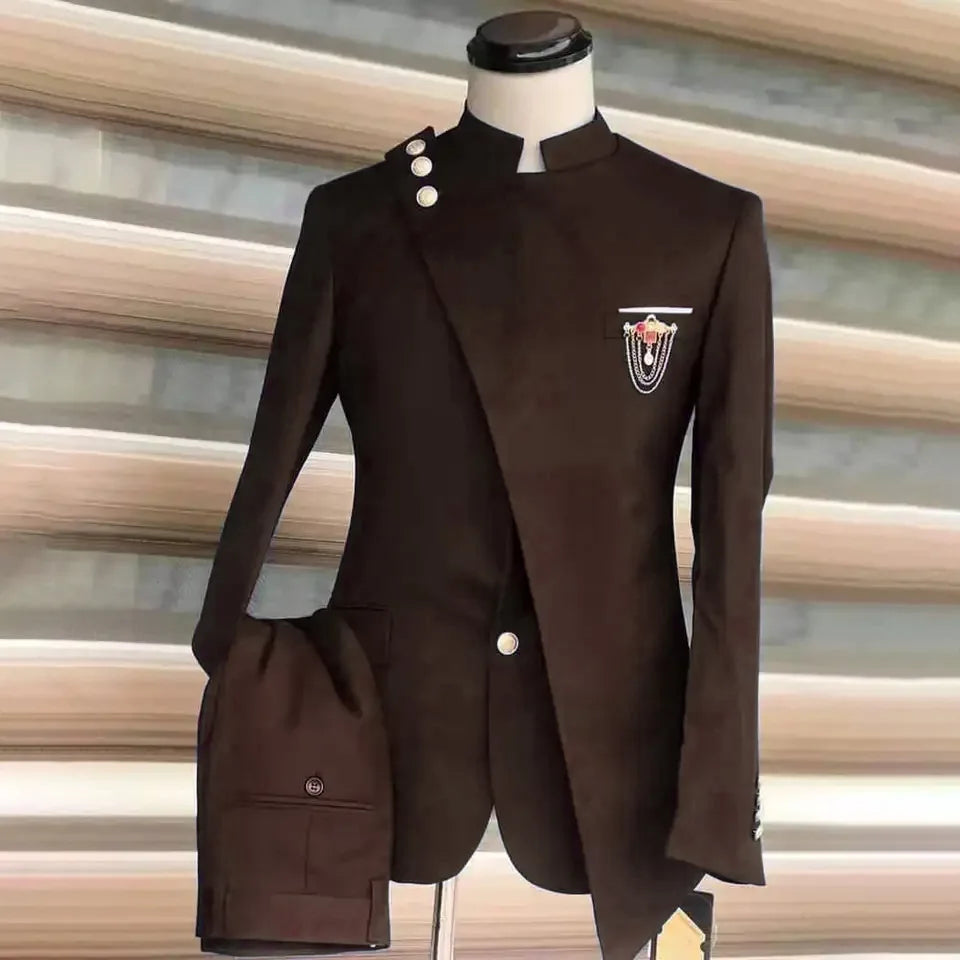 Men Blazer Suits 2 Piece Set Party Coat Straight Pants Ensemble Stand Collar Buttons Trousers Suit Jacket Outfits Autumn 2025
