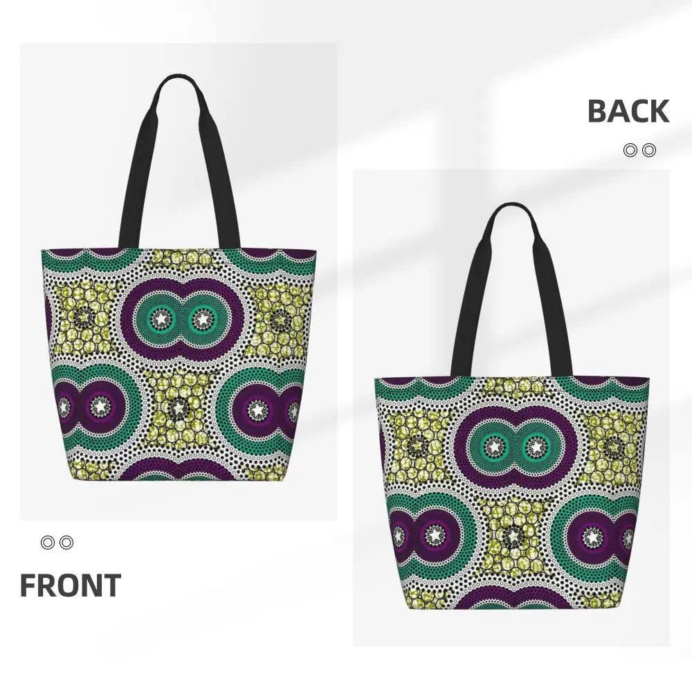African Ankara Prints Grocery Shopping Tote Bags Women Geometric Ethnic Art Canvas Shoulder Shopper Bags Big Capacity Handbag