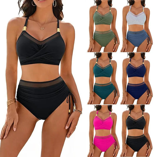 Sexy Two Piece Swimwear Womens High Wasited Bikini Sets Tummy Control Swimsuits Metal Slimming Bathing Suit Modest Beach Outfits
